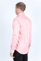 Men’s Single Pocket Logo Modern Fit Stretch Dress Shirt - Pink - Platini Fashion