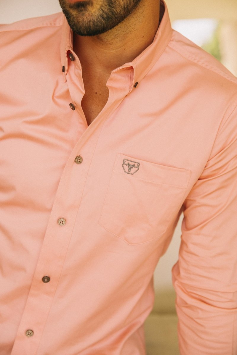 Men’s Single Pocket Logo Modern Fit Stretch Dress Shirt - Pink - Platini Fashion