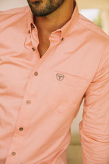Men’s Single Pocket Logo Modern Fit Stretch Dress Shirt - Pink - Platini Fashion