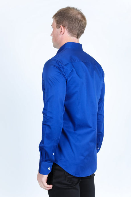 Men’s Single Pocket Logo Modern Fit Stretch Dress Shirt - Royal Blue - Platini Fashion