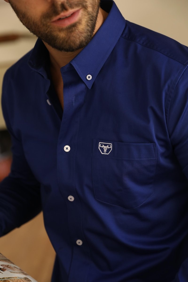 Men’s Single Pocket Logo Modern Fit Stretch Dress Shirt - Royal Blue - Platini Fashion