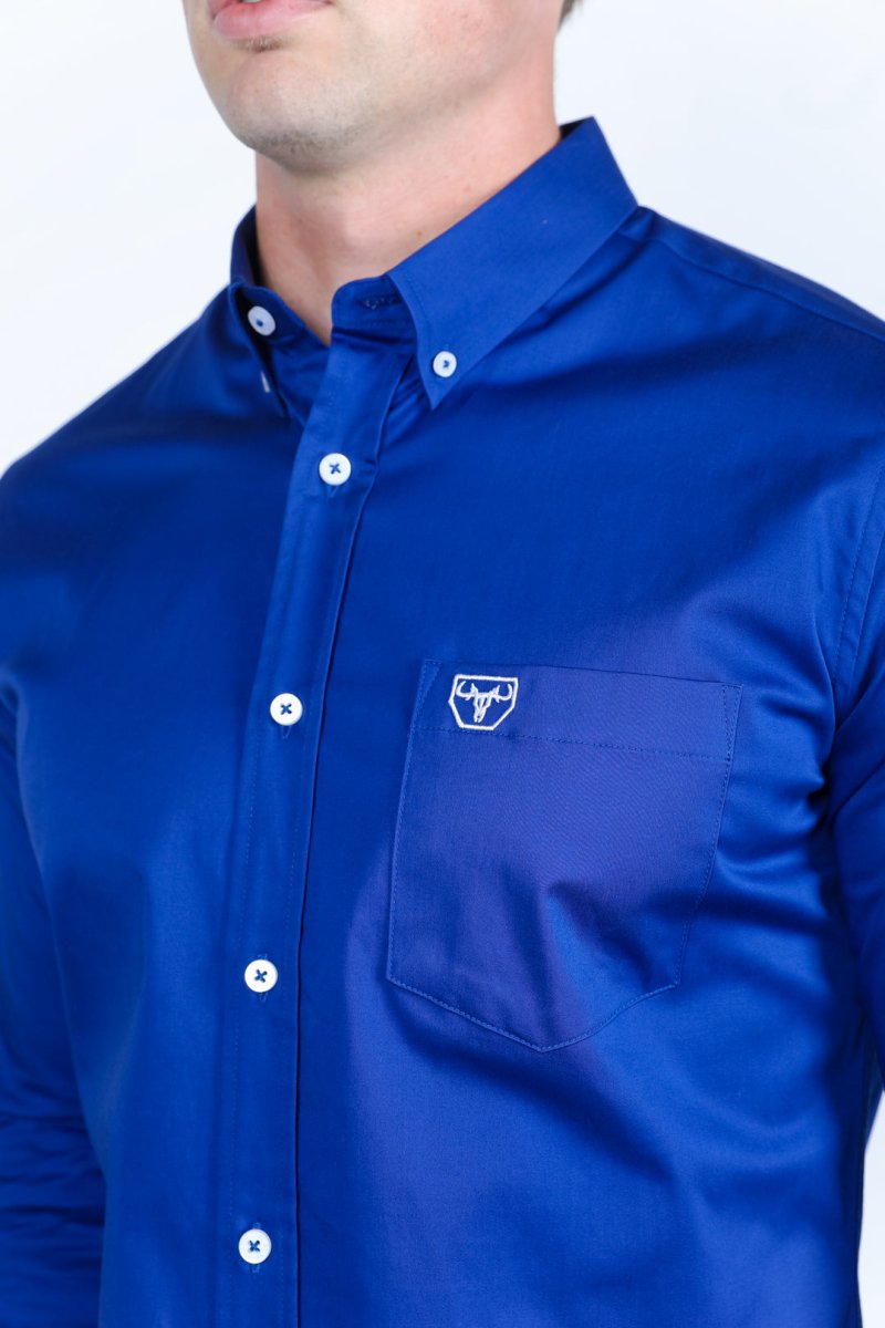 Men’s Single Pocket Logo Modern Fit Stretch Dress Shirt - Royal Blue - Platini Fashion