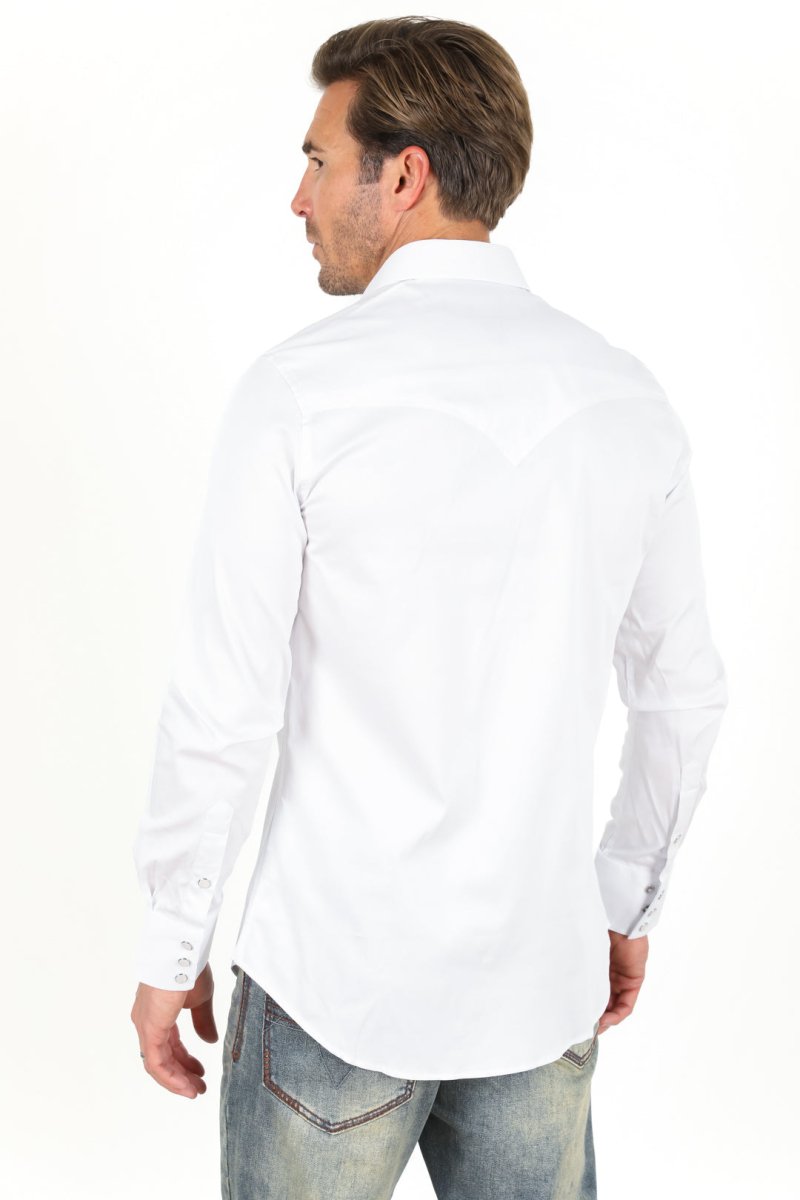Men’s Single Pocket Logo Modern Fit Stretch Dress Shirt - White - Platini Fashion