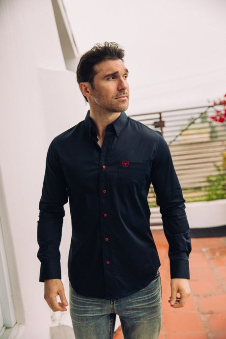 Men’s Single Pocket Logo Modern Fit Stretch Dress Shirt - Platini Fashion
