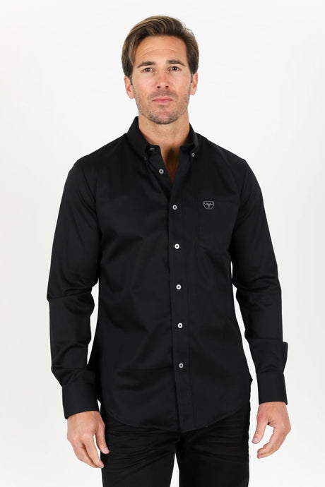 Men’s Single Pocket Logo Modern Fit Stretch Dress Shirt - Platini Fashion