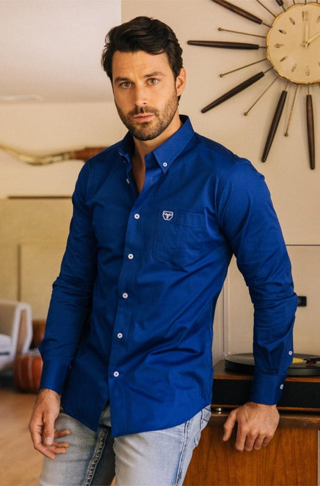 Men’s Single Pocket Logo Modern Fit Stretch Dress Shirt - Platini Fashion
