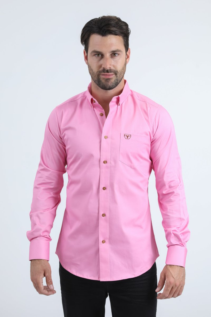 Men’s Single Pocket Logo Modern Fit Stretch Dress Shirt - Platini Fashion