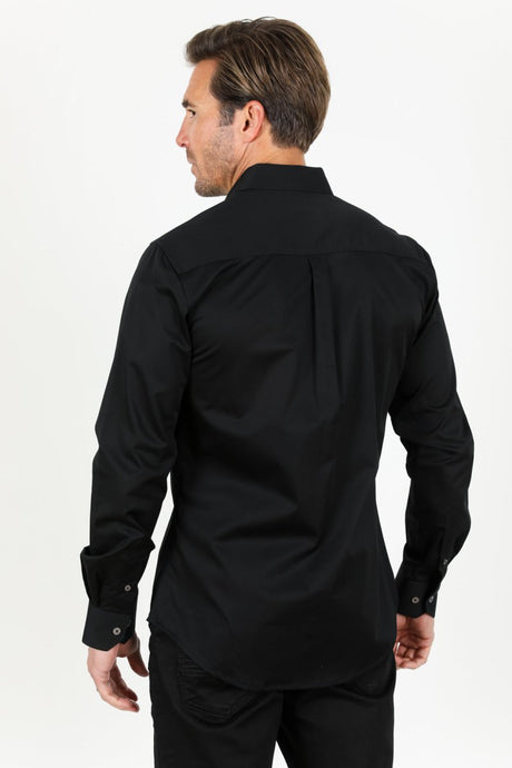 Men’s Single Pocket Logo Modern Fit Stretch Dress Shirt - Platini Fashion