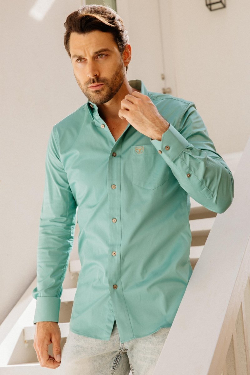 Men’s Single Pocket Logo Modern Fit Stretch Dress Shirt - Platini Fashion