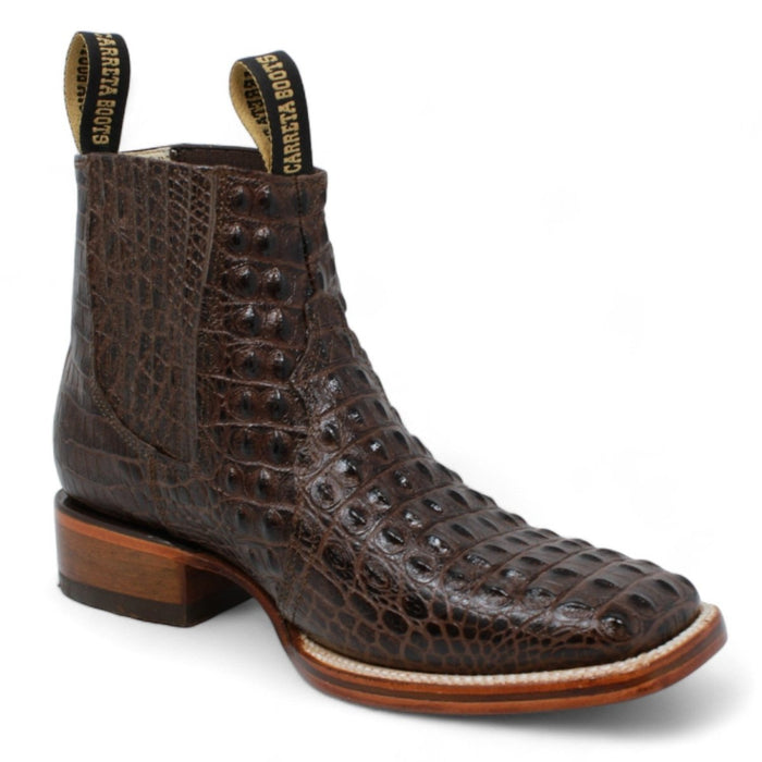 Men's Square Toe Ankle Boots Hornback Caiman Print Brown - La Carreta