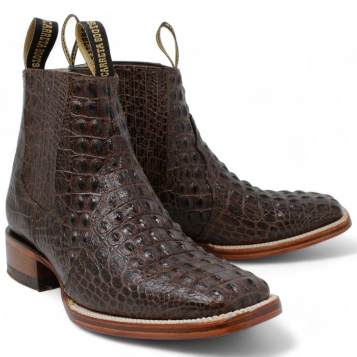 Men's Square Toe Ankle Boots Hornback Caiman Print Brown - La Carreta