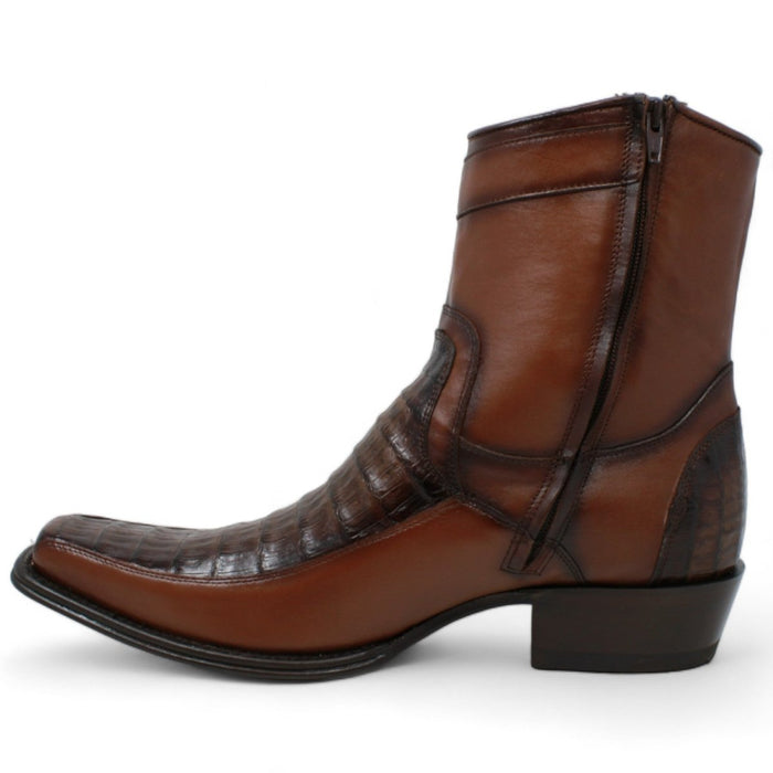 Men's Wild West Genuine Caiman & Deer European Square Toe Short Boots - Brown - Wild West Boots