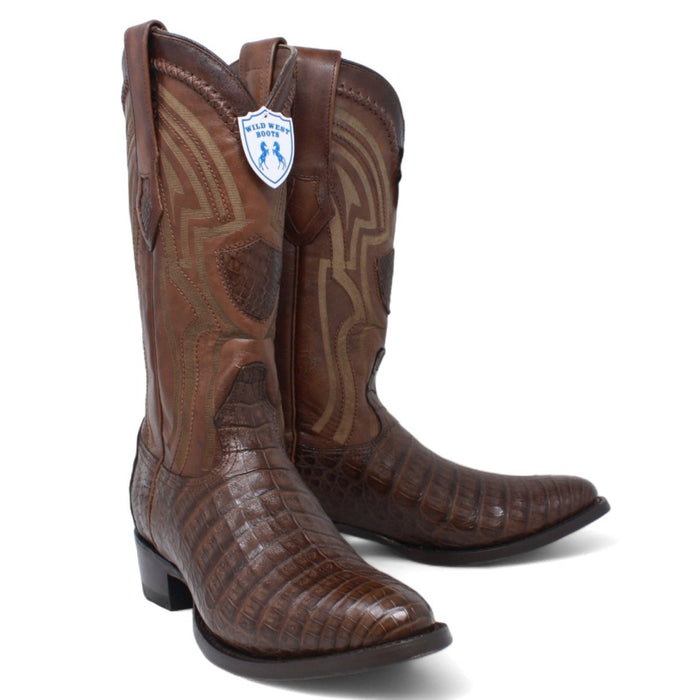 Men's Wild West Genuine Caiman Round Toe Short Boots - Brown - Wild West Boots