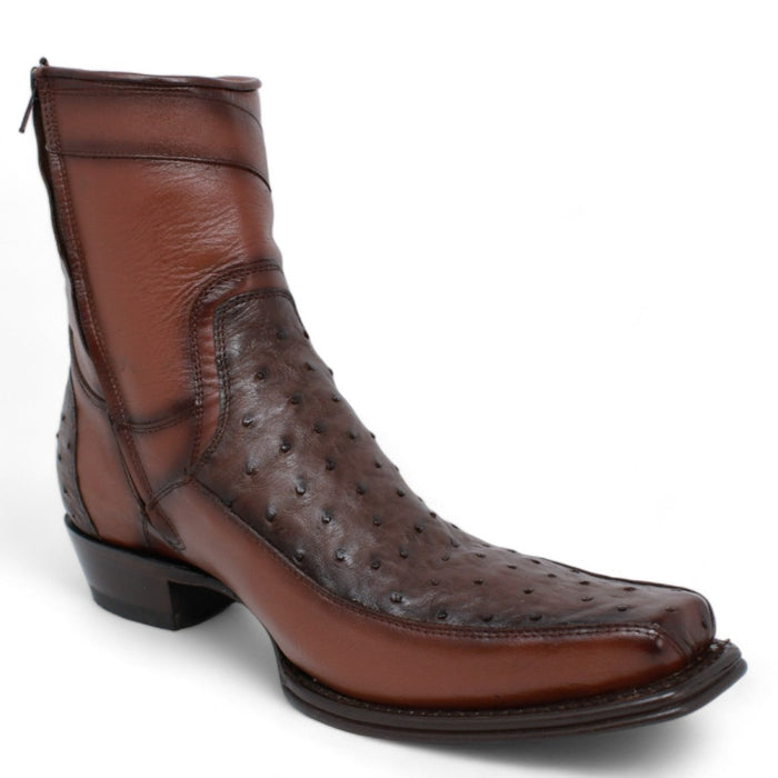 Men's Wild West Genuine Ostrich & Deer European Square Toe Short Boots - Brown - Wild West Boots