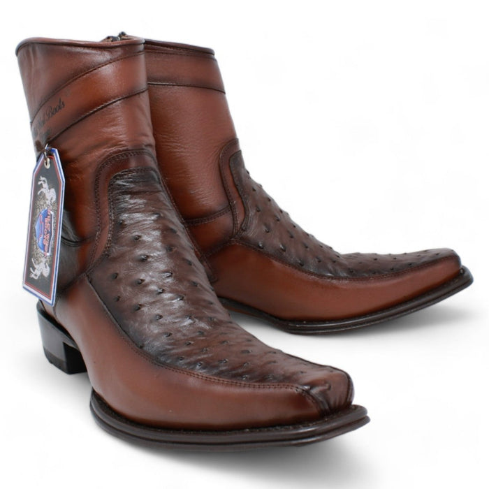 Men's Wild West Genuine Ostrich & Deer European Square Toe Short Boots - Brown - Wild West Boots