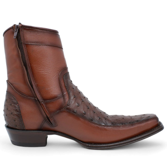 Men's Wild West Genuine Ostrich & Deer European Square Toe Short Boots - Brown - Wild West Boots