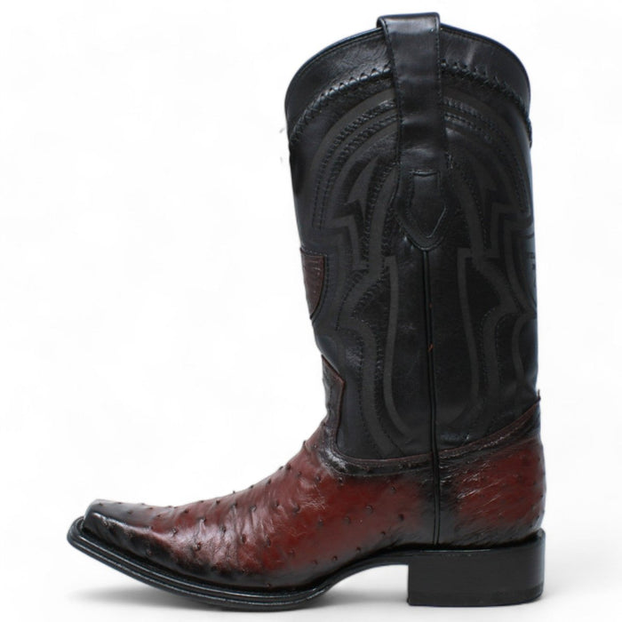 Men's Wild West Genuine Ostrich European Square Toe Boot - Burgundy - Wild West Boots