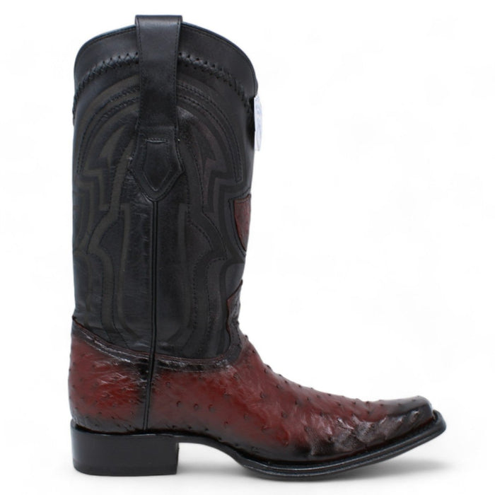 Men's Wild West Genuine Ostrich European Square Toe Boot - Burgundy - Wild West Boots