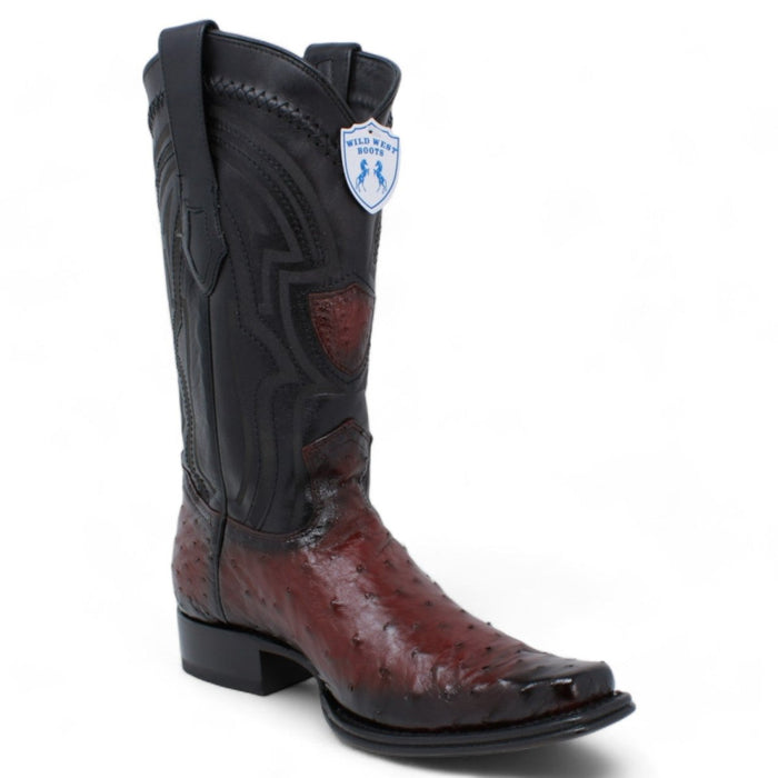 Men's Wild West Genuine Ostrich European Square Toe Boot - Burgundy - Wild West Boots