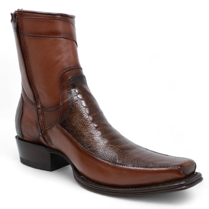 Men's Wild West Genuine Ostrich Leg & Deer European Square Toe Short Boots - Brown - Wild West Boots