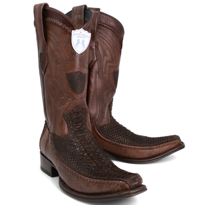 Men's Wild West Genuine Python & Deer European Square Toe Boot - Brown - Wild West Boots