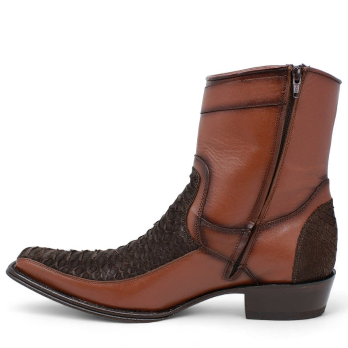 Men's Wild West Genuine Python & Deer European Square Toe Short Boots - Brown - Wild West Boots