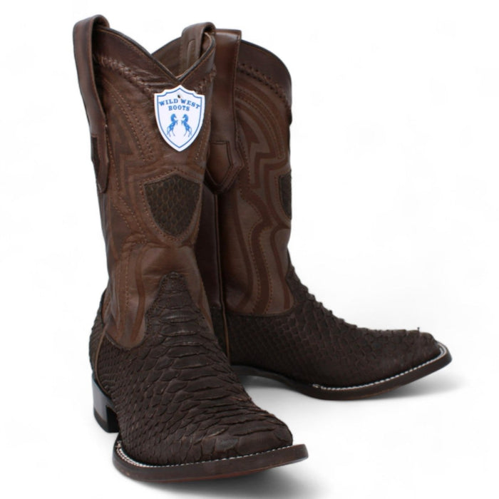 Men's Wild West Genuine Python Square Toe Boots - Brown - Wild West Boots