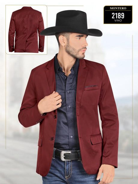 Saco vaquero para caballero Montero modelo 2189 color vino, con solapa clásica, botones frontales y detalles decorativos en bolsillos, estilo western elegante.