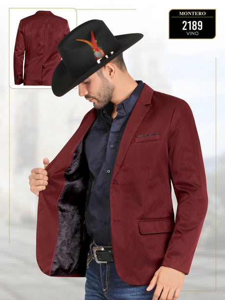 Saco vaquero para caballero Montero modelo 2189 color vino, con solapa clásica, botones frontales y detalles decorativos en bolsillos, estilo western elegante.