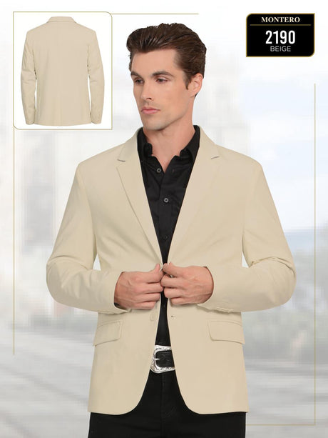 Saco vaquero para caballero Montero modelo 2190 color beige, diseño elegante con solapa clásica y botones frontales, ideal para eventos formales.