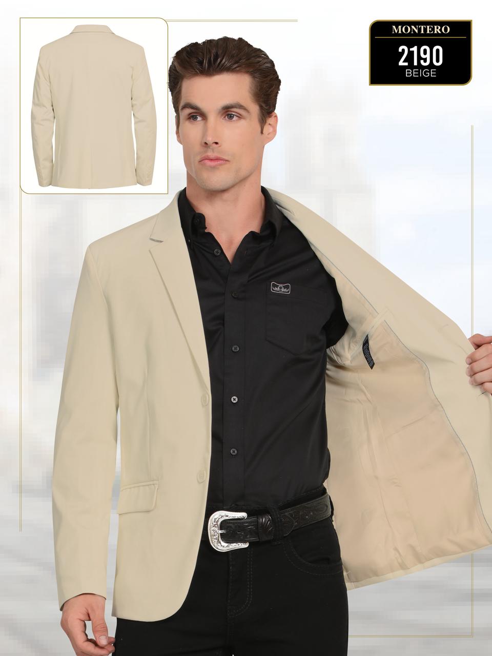 Saco vaquero para caballero Montero modelo 2190 color beige, diseño elegante con solapa clásica y botones frontales, ideal para eventos formales. OPEN 