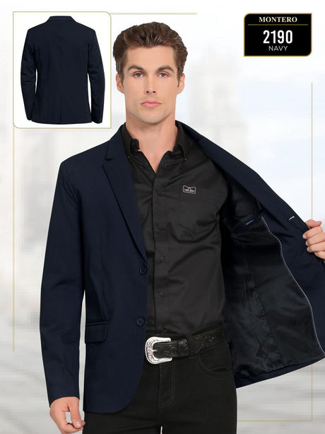 Saco vaquero para caballero Montero modelo 2190 color naVY, diseño elegante con solapa clásica y botones frontales, ideal para eventos formales.
