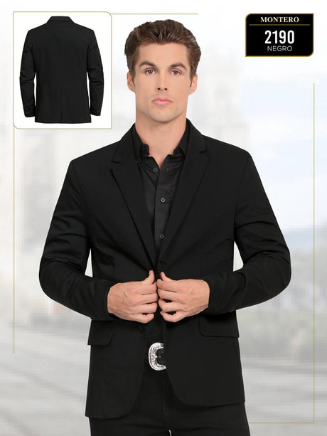 Saco vaquero para caballero Montero modelo 2190 color NEGRO, diseño elegante con solapa clásica y botones frontales, ideal para eventos formales.