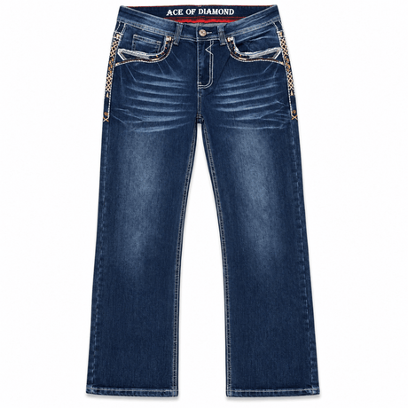 Pantalon vaquero para hombre corte bootcut de mezclilla color azul oscuro con bordado de caballo P-1365