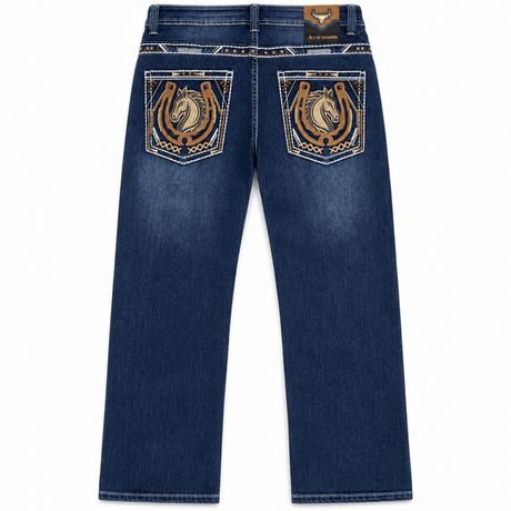 Pantalon vaquero para hombre corte bootcut de mezclilla color azul oscuro con bordado de caballo P-1365