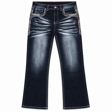 Pantalon vaquero para hombre corte bootcut de mezclilla color azul oscuro con bordado geometrico P-1485