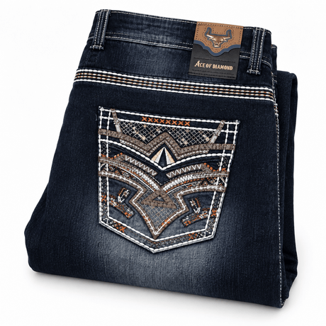 Pantalon vaquero para hombre corte bootcut de mezclilla color azul oscuro con bordado geometrico P-1485