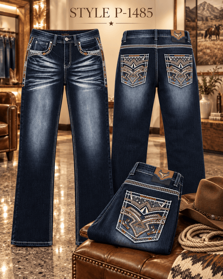 Pantalon vaquero para hombre corte bootcut de mezclilla color azul oscuro con bordado geometrico P-1485