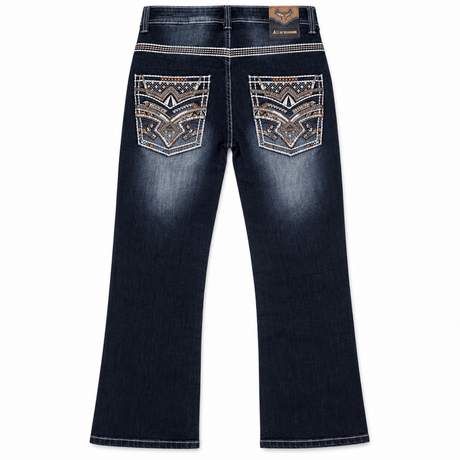 Pantalon vaquero para hombre corte bootcut de mezclilla color azul oscuro con bordado geometrico P-1485