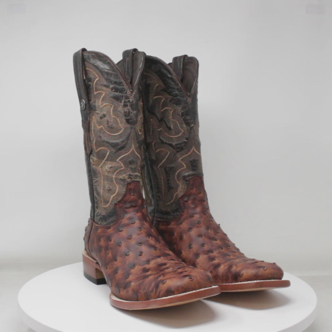 Men's Ostrich Print Square Toe Boots in Dark Shedron - Tanner Mark Boots