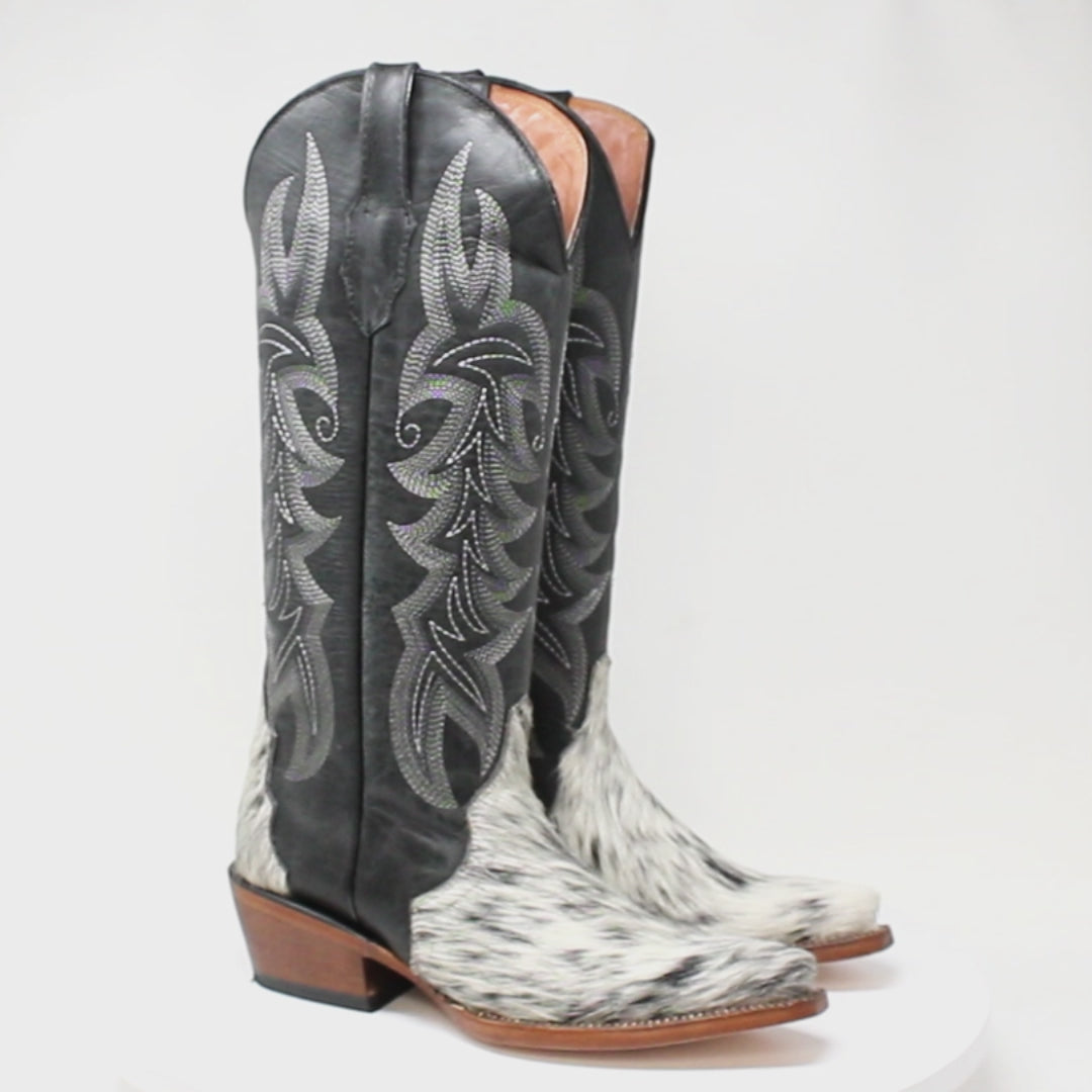 Women's Triad Hair on Cowhide Leather Snip Toe Tall Boots in Black and White - Tanner Mark Boots