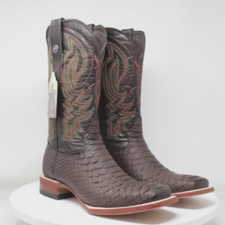 Men's Python Print Square Toe Boots in Brown Matte - Tanner Mark Boots