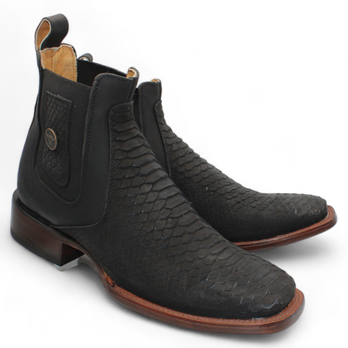 Python Boots Ankle Python Print Leather Square Toe Ankle Boots - Black