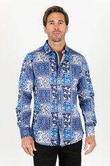 Satin Cotton/Spandex Long Sleeve Shirt - Blue - Platini Fashion