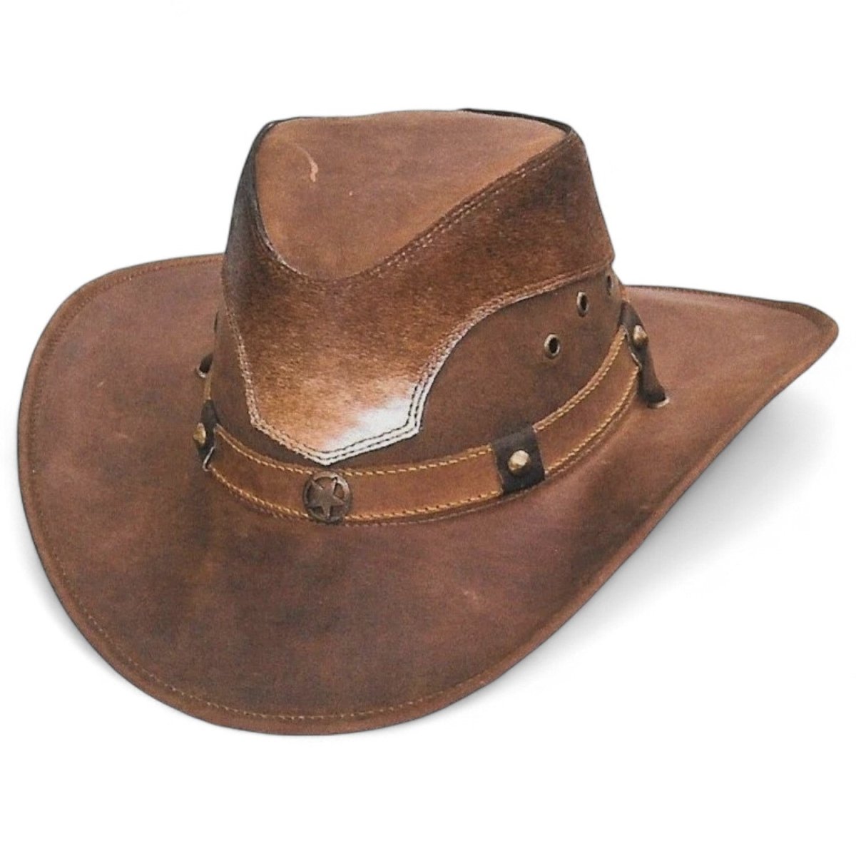 Original Brown Leather Cowboy Hat with Cow Hair