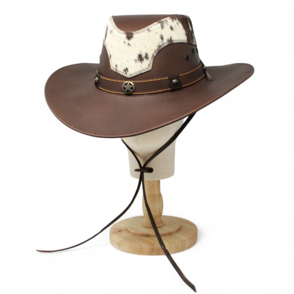 Original Brown Leather Cowboy Hat with Cow Hair