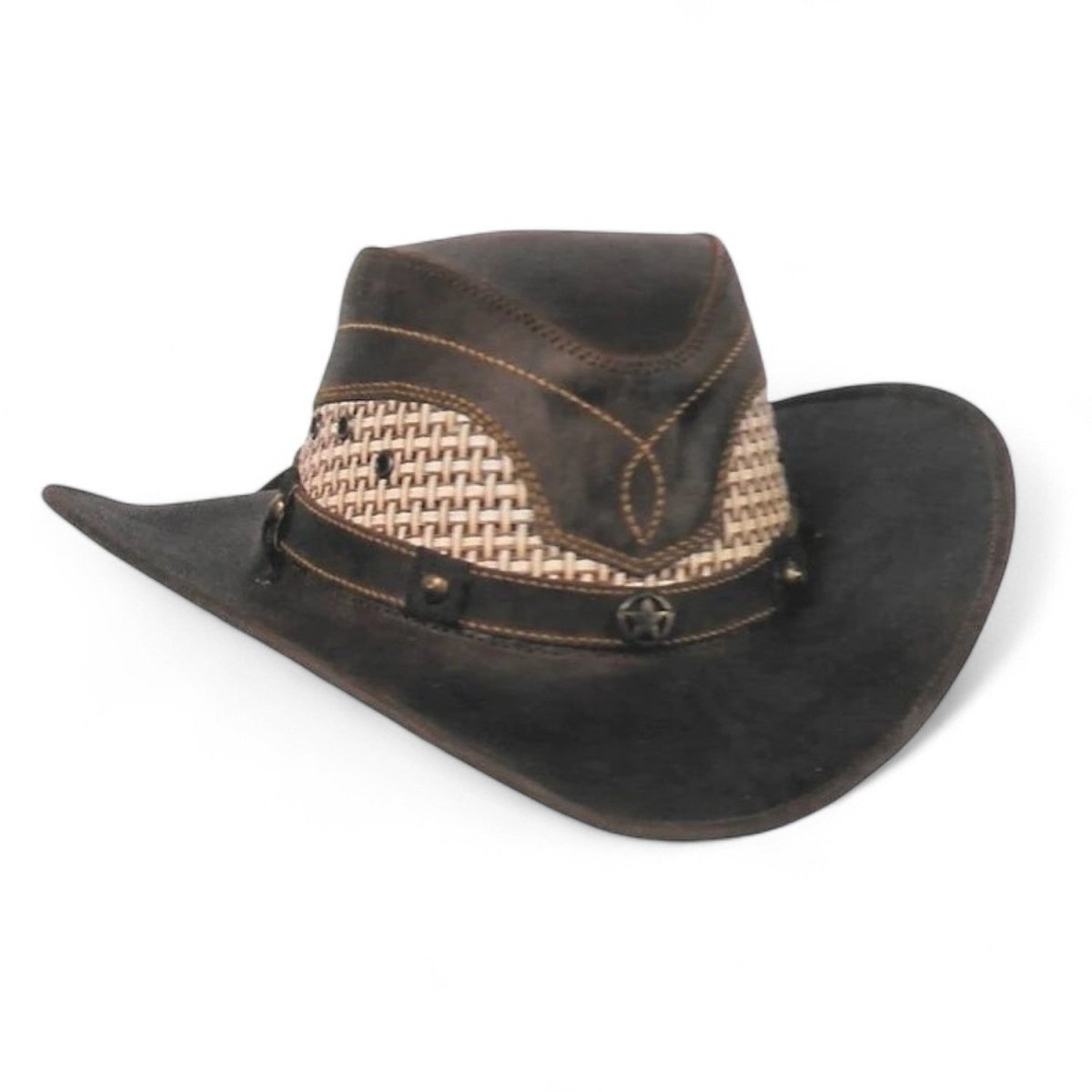 Original Brown Leather Cowboy or Texan Hat in Stone Hats