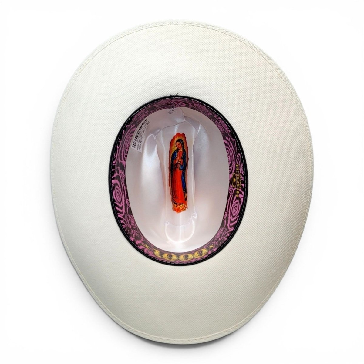 Sombrero Vaquero para Mujer Telar 1x1 1000X Edicion Virgen de Guadalupe con Toquilla Rosa Grabado Tipo Avestruz y Pluma Genuina Incluida – Hooch HSA40 - Hooch