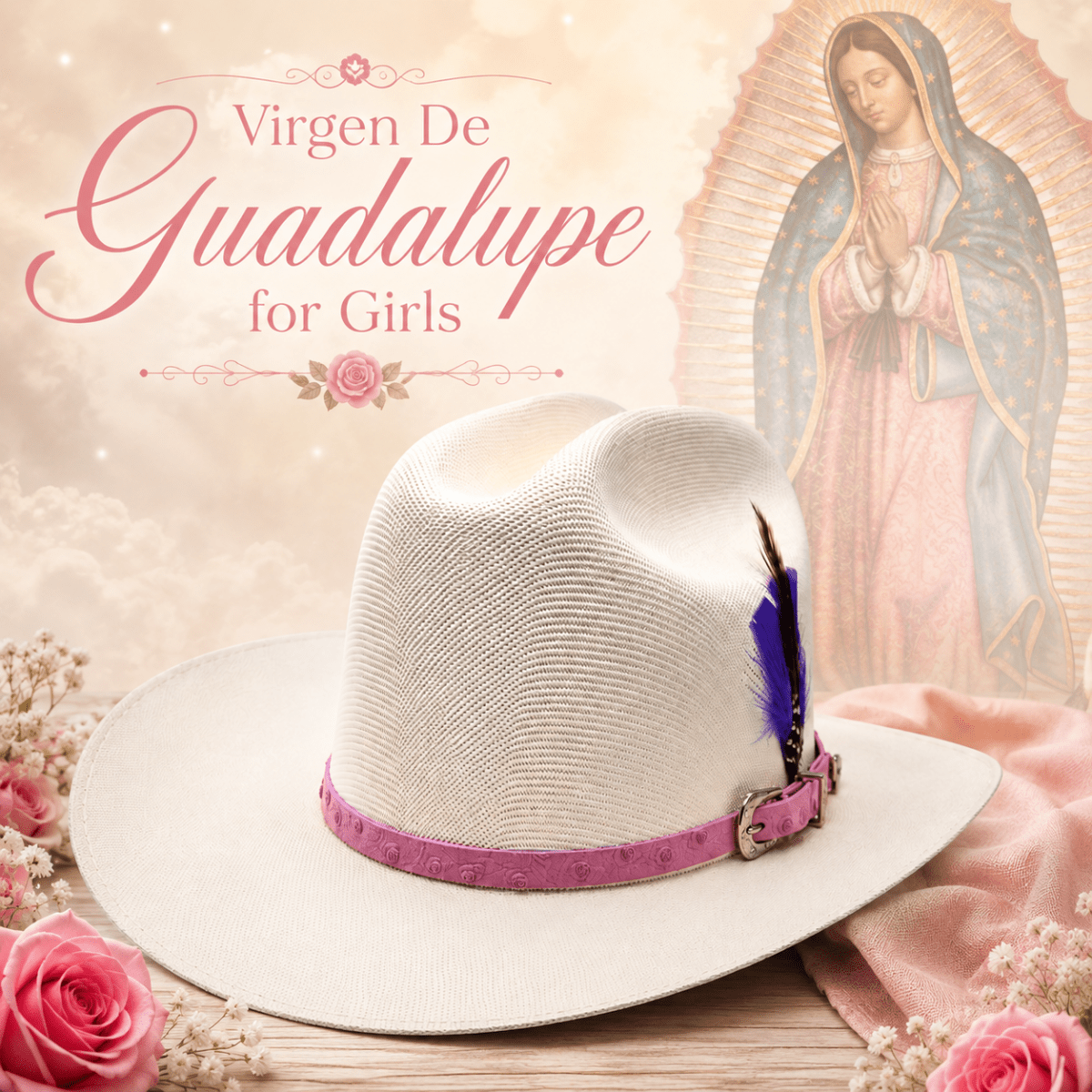 Sombrero Vaquero para Nina Telar 1x1 Edicion Virgen de Guadalupe con Toquilla Imitacion Avestruz Color Rosa y Pluma Genuina Incluida – Hooch Boots HSN31 - Hooch