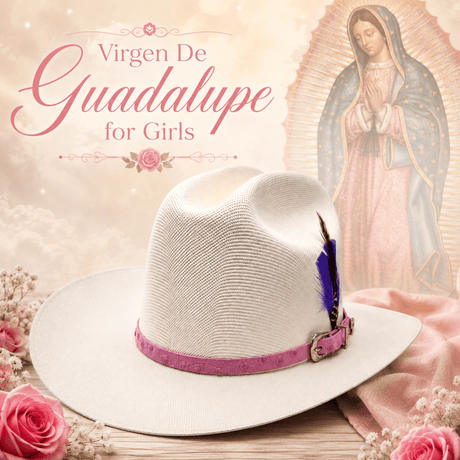 Sombrero Vaquero para Nina Telar 1x1 Edicion Virgen de Guadalupe con Toquilla Imitacion Avestruz Color Rosa y Pluma Genuina Incluida – Hooch Boots HSN31 - Hooch